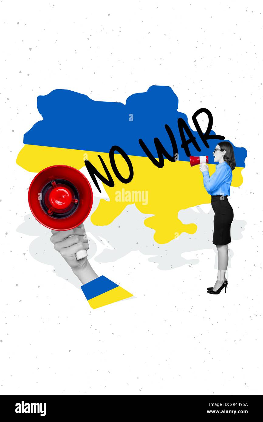 Modèle d'écriteau publicité collage de la société de campagne militante jeune femme shout bullhorn manifestation contre la guerre russe d'attaque en ukraine Banque D'Images