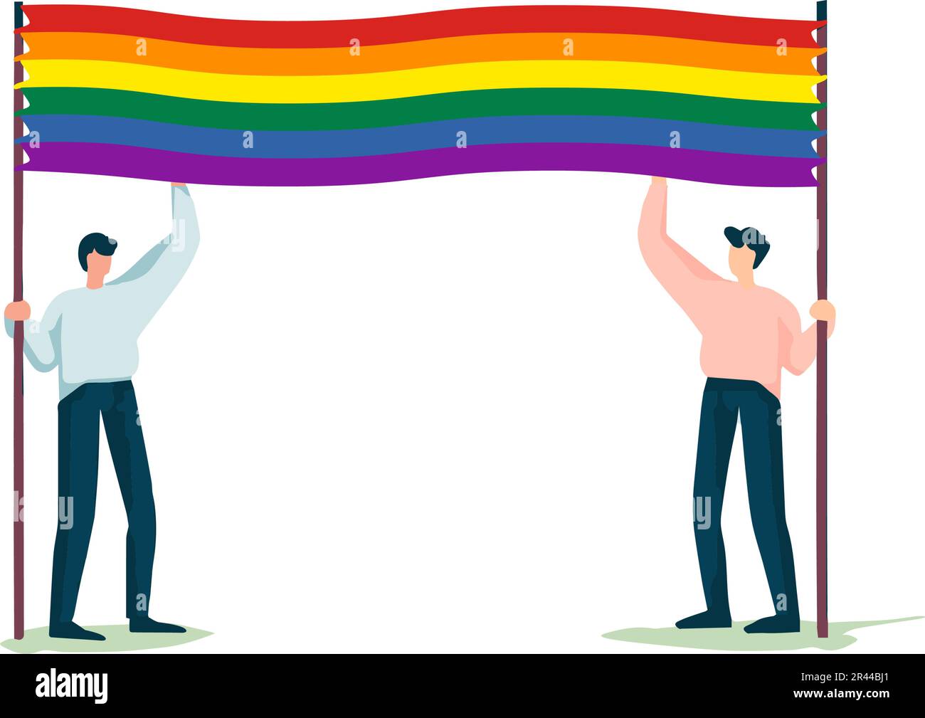 Deux hommes ont une bannière drapeau de fierté isolée sur fond blanc. Défilé LGBT. Illustration vectorielle Illustration de Vecteur