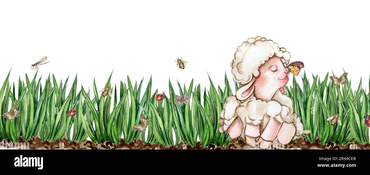 Mouton blanc moelleux assis dans le champ de l'herbe avec des fleurs et des papillons. Aquarelle dessin à la main illustration de bébé animal de ferme . Parfait pour les gr Banque D'Images