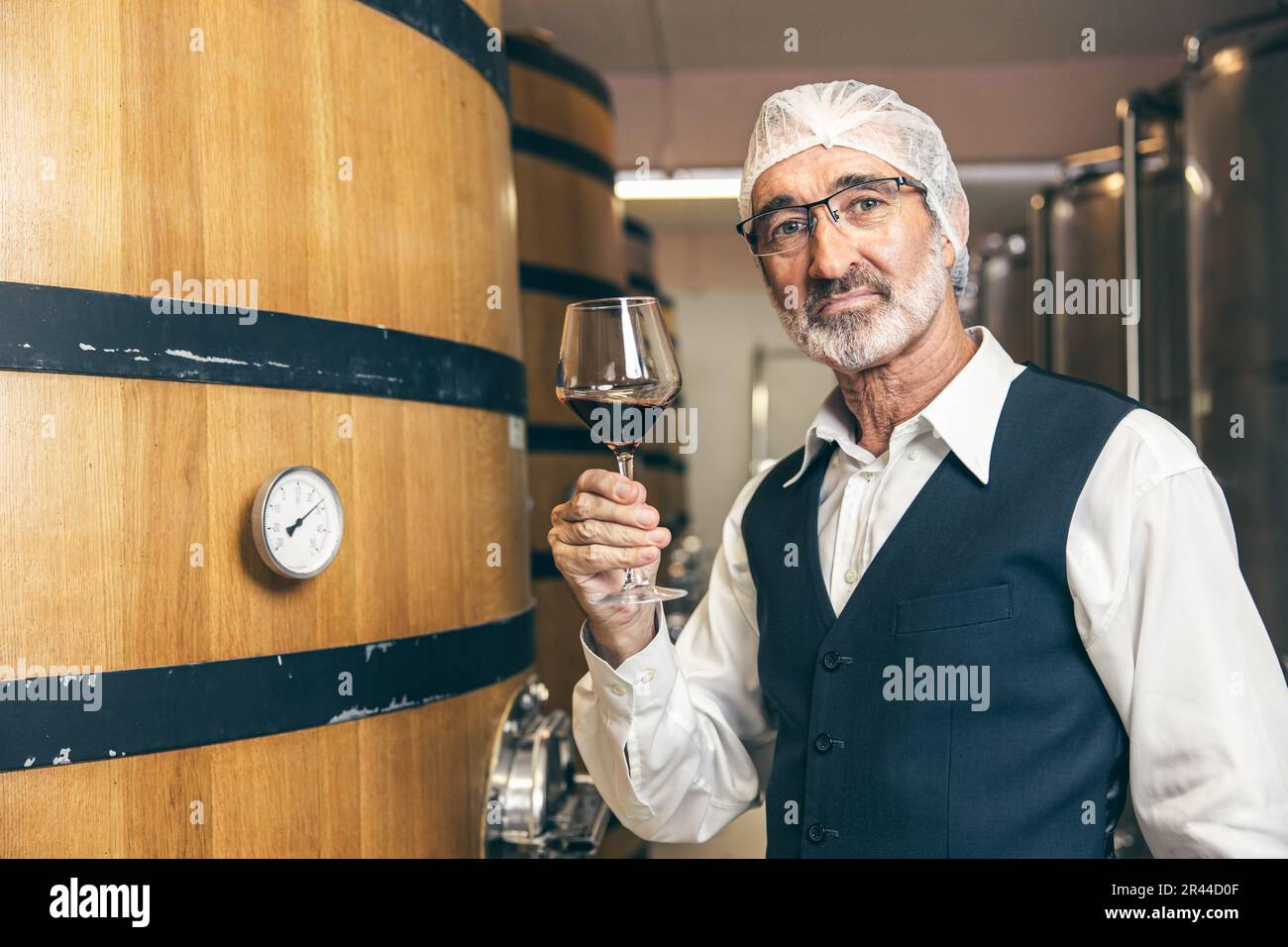 portrait professionnel vin expert personnel senior travailleur travail contrôle qualité dans l'usine de cave de vinification Banque D'Images