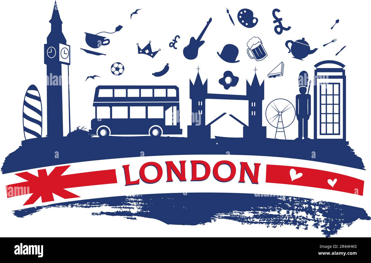 bannière de voyage à londres avec icône et monuments sur flag.vector Illustration de Vecteur