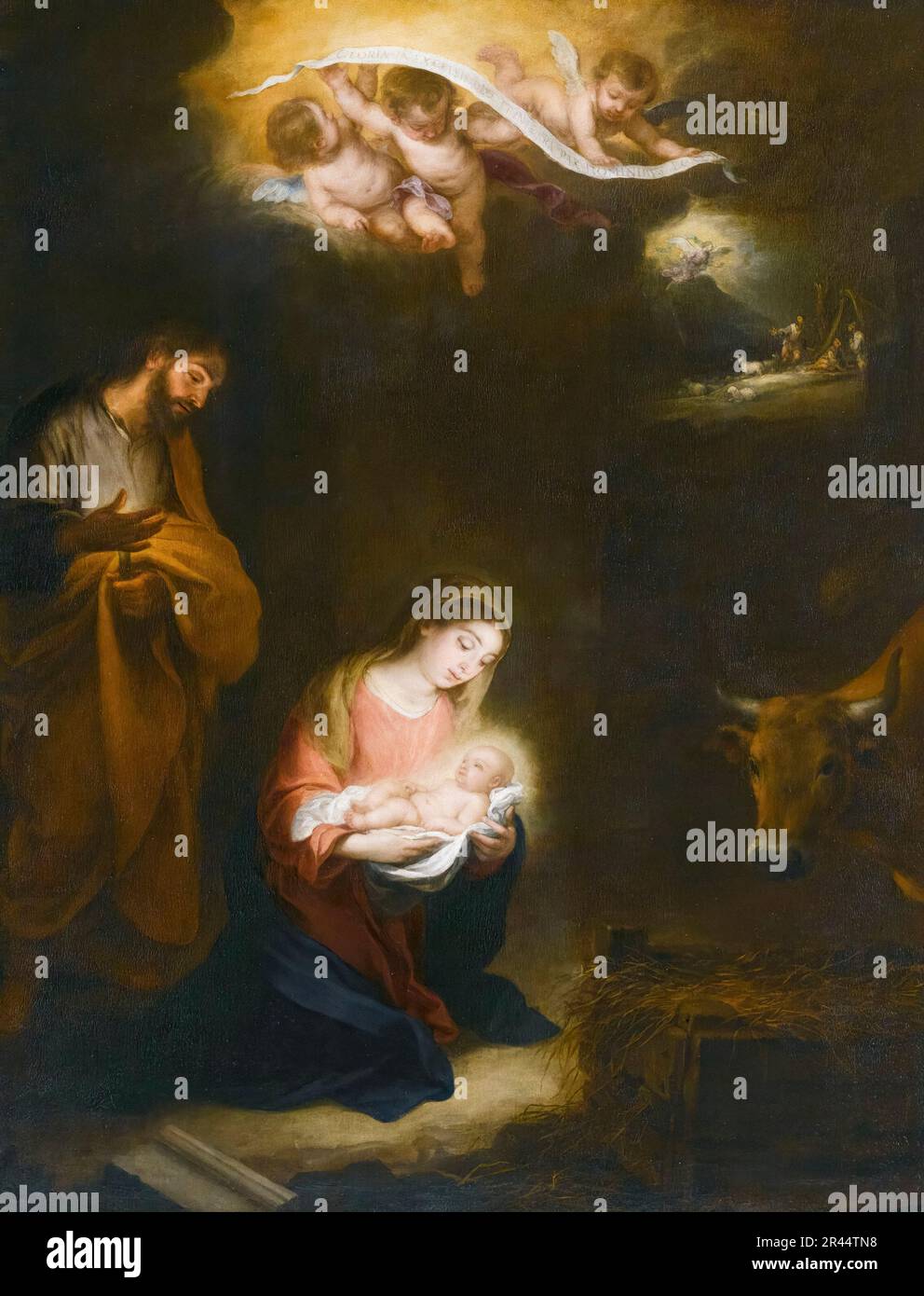 La Nativité, avec, l'Annonciation aux bergers, au-delà, peinture de Bartolomé Esteban Murillo, avant 1682 Banque D'Images