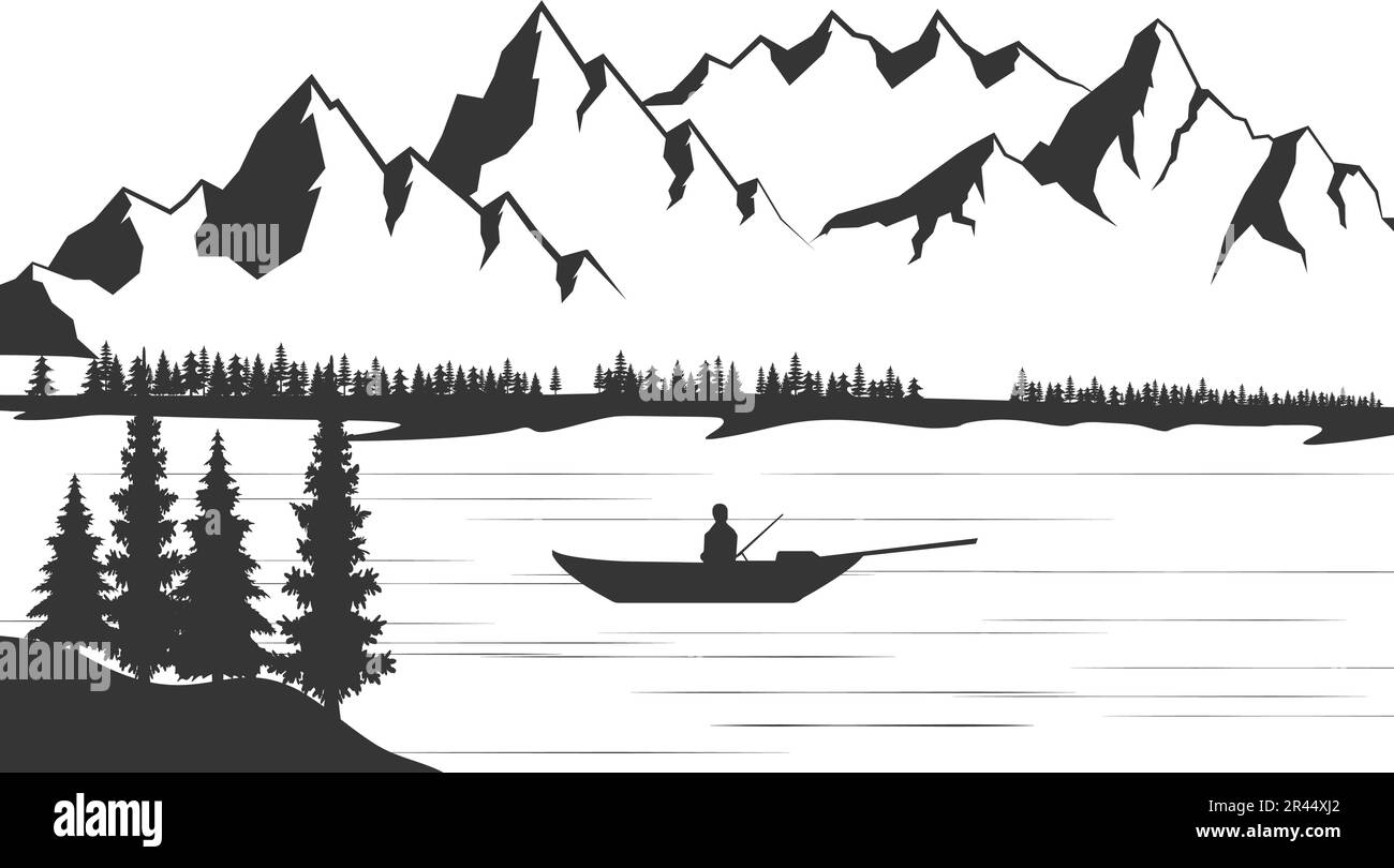 Silhouette de montagne vectorielle, forêt de conifères et bateau sur le lac de montagne ou la rivière. Illustration de Vecteur