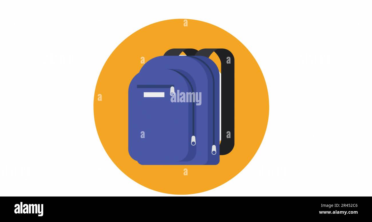 Illustration d'un sac scolaire bleu sur un cercle jaune sur fond blanc Banque D'Images