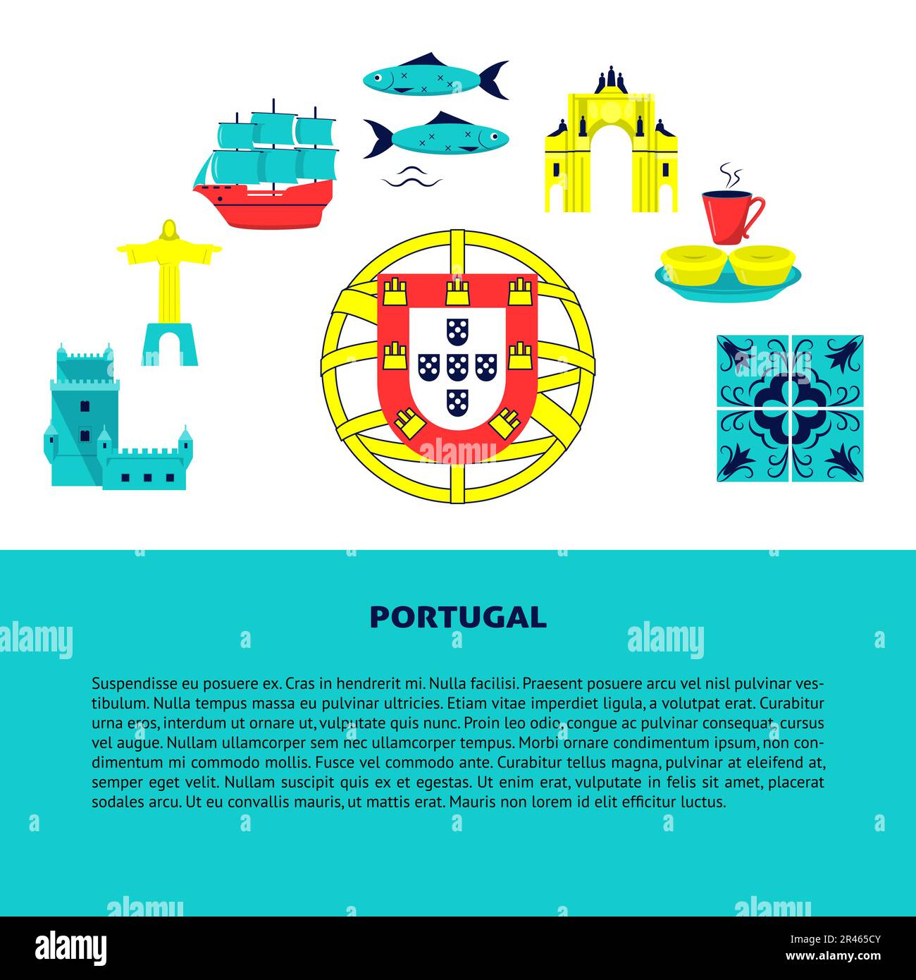 Bannière Portugal concept avec icônes dans le style plat. Symboles traditionnels avec culture nationale, cuisine et attractions. Prospectus de voyage ou affiche templ Illustration de Vecteur