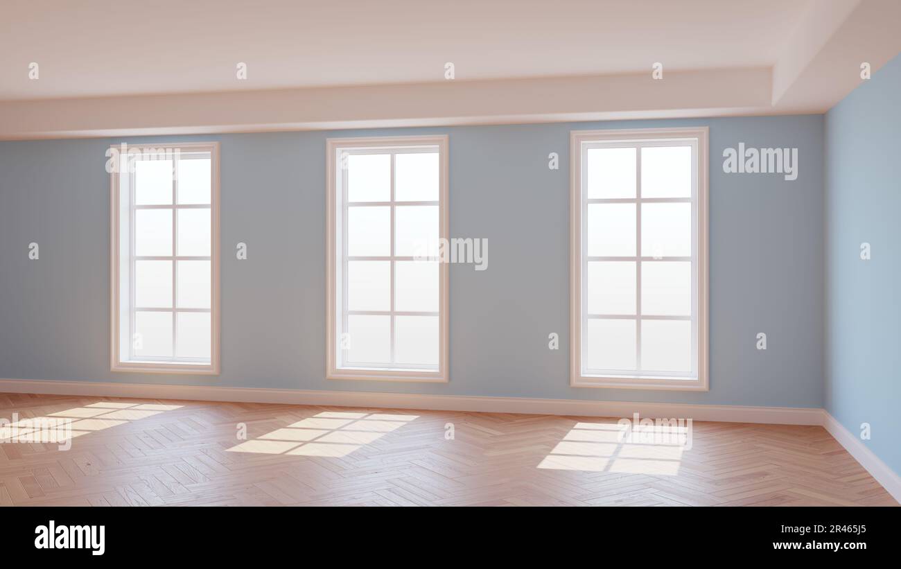 Intérieur ensoleillé de la chambre bleu clair avec trois grandes fenêtres, parquet brillant clair à chevrons et un Plinth blanc. Magnifique concept de la chambre vide. 3D illustration, Ultra HD 8K, 7680x4320 Banque D'Images