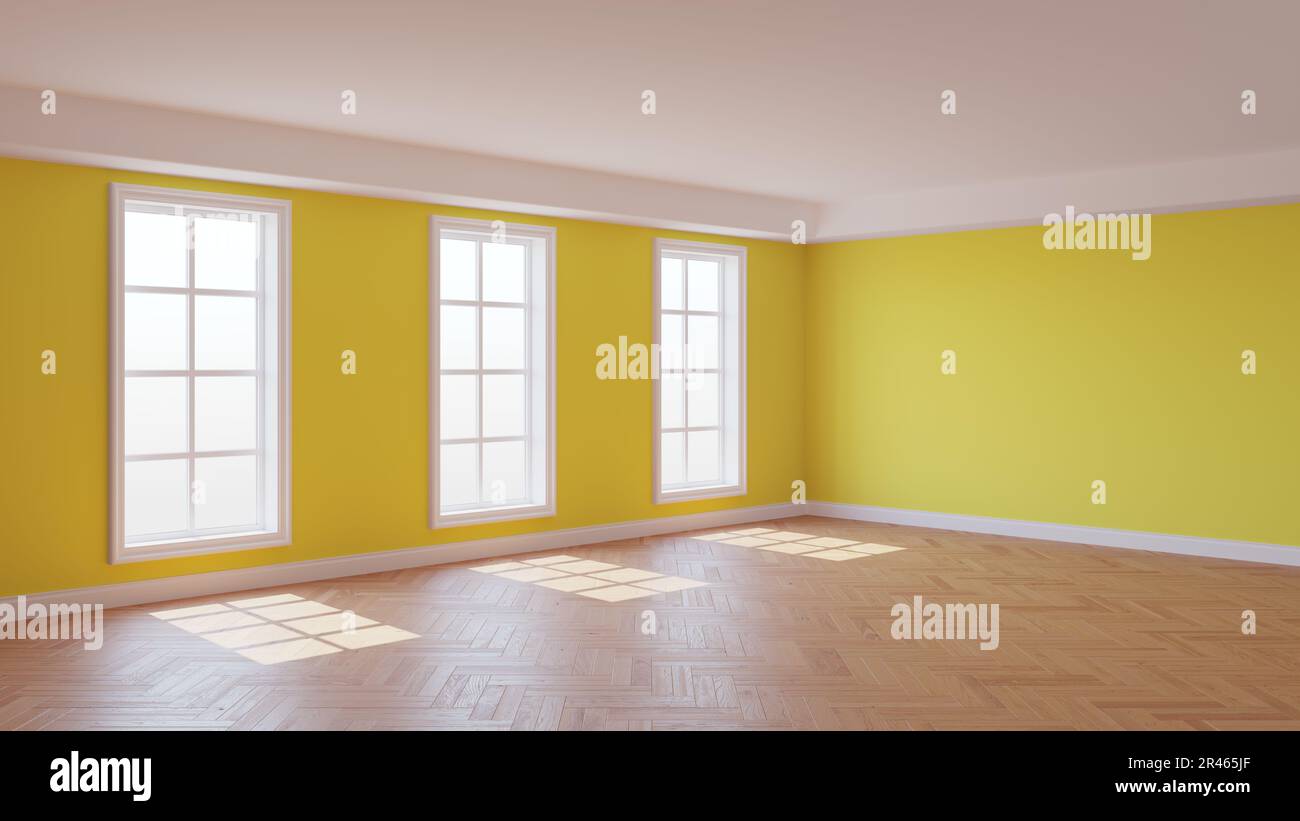 Intérieur ensoleillé avec murs en stuc jaune, trois grandes fenêtres, plafond blanc et cornice, parquet brillant à chevrons et un Plinth blanc, illustration de 3D. 8K Ultra HD, 7680 x 4320, 300 dpi Banque D'Images