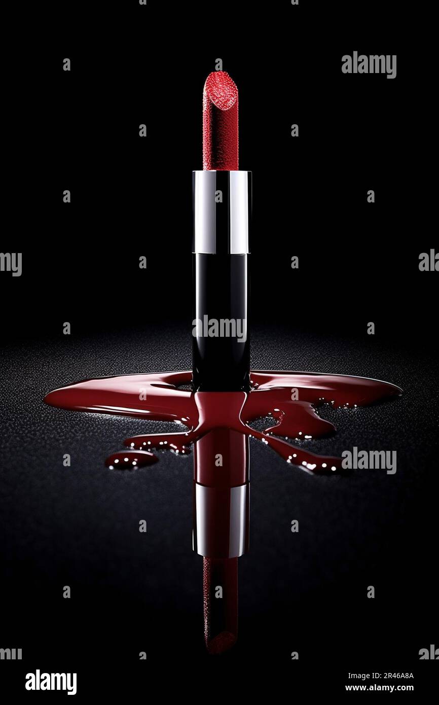 Rouge rouge femme rouge rouge rouge rouge sur fond miroir noir avec une texture liquide déversée. Présentation du marquage et de l'emballage. Maquillage femme beauté prod Banque D'Images