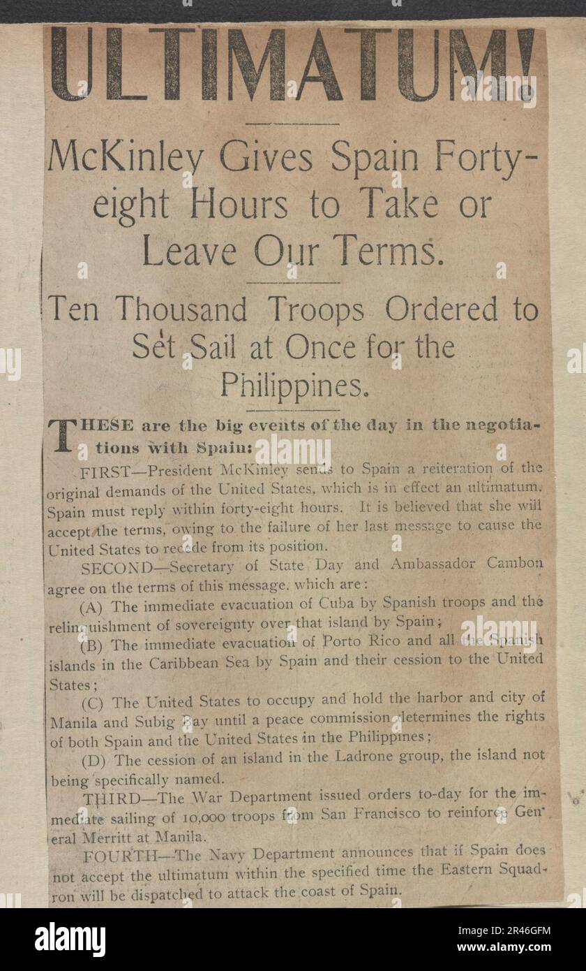 Ultimatum ! McKinley Espagne donne quarante-huit heures pour prendre ou laisser nos termes dix mille troupes partis une fois pour les Philippines. Banque D'Images