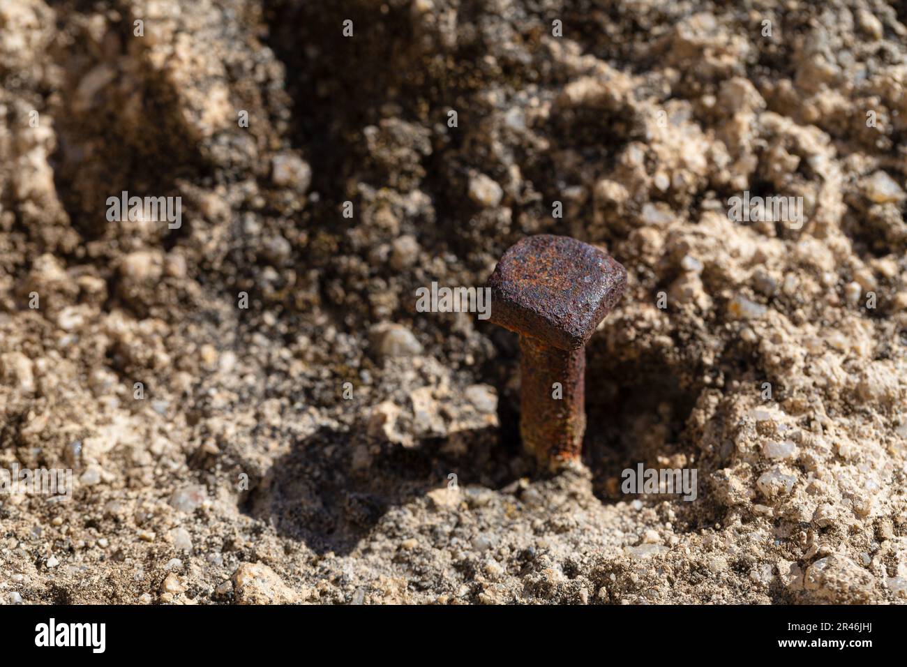 Vieux clou de maçonnerie à tête carrée rouillée entraîné dans une pierre. L'ongle dépasse un peu de la pierre. Banque D'Images