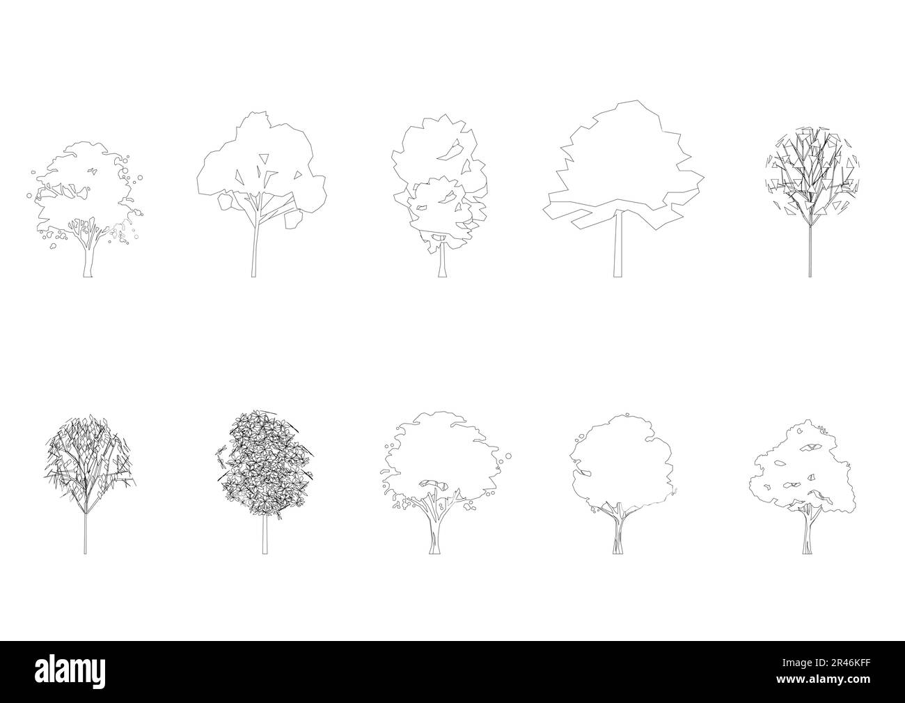 Dessin au trait d'arbre, vue latérale, graphiques arbres éléments contour d'un seul objet symbole minimal de plante pour l'architecture et la conception de paysage. Vecteur. Illustration de Vecteur