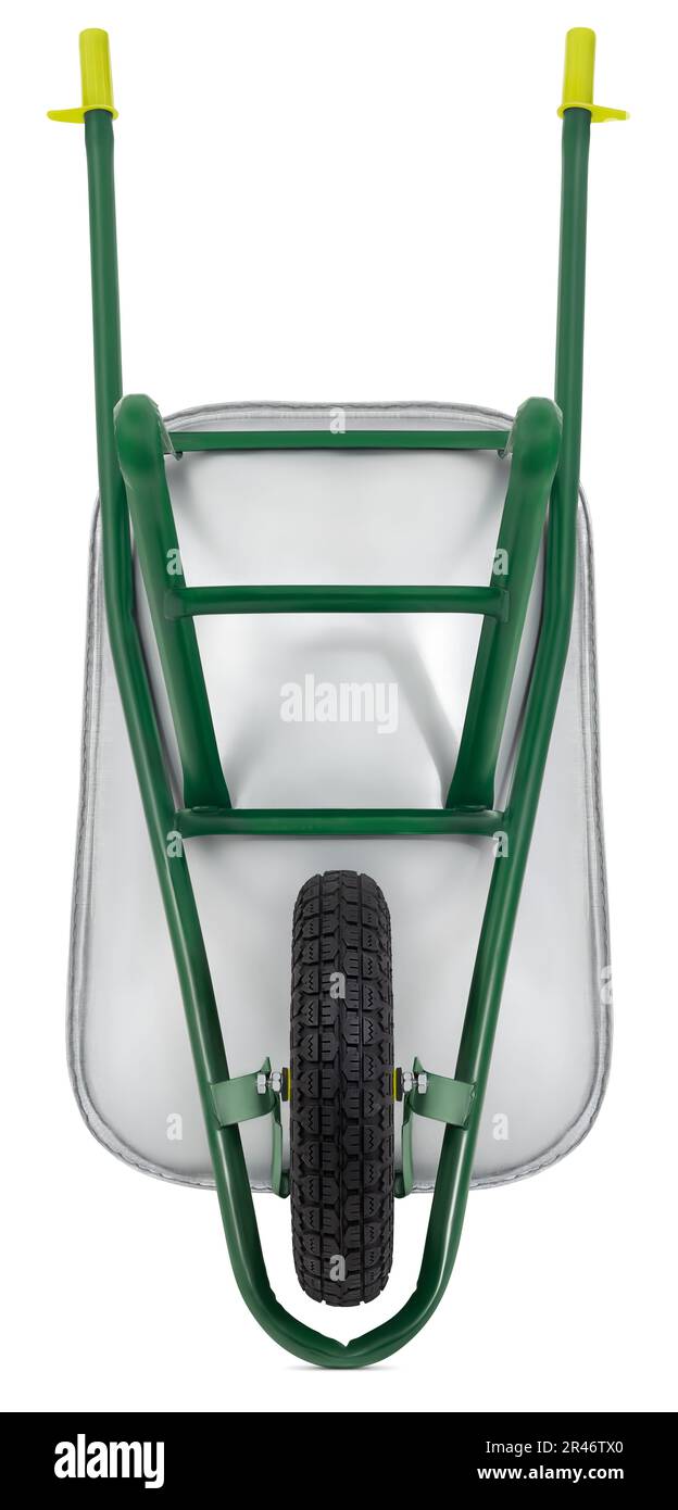 Brouette isolée sur fond blanc avec un chemin d'écrêtage. Outil d'équipement de jardinage pour le travail de potager ou l'entretien de pelouse et de plantes. Concept de ressort Banque D'Images