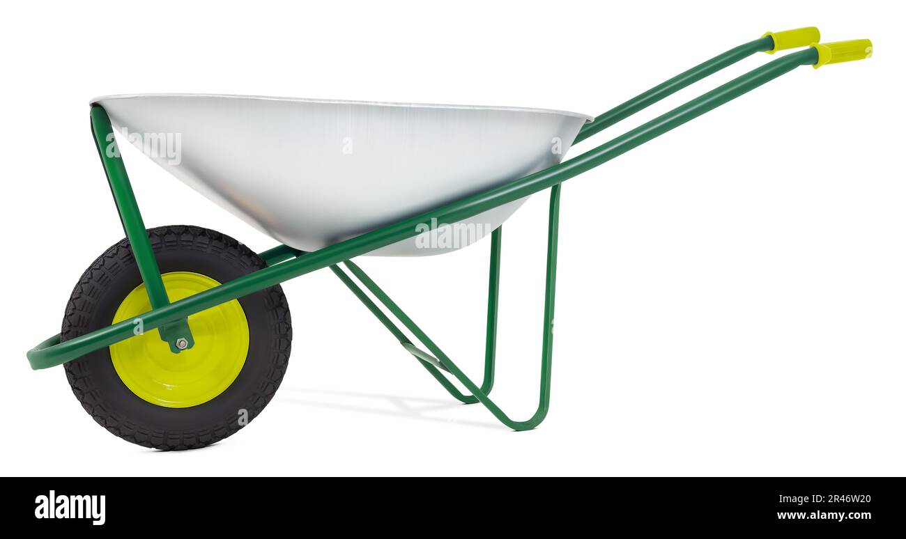 Brouette isolée sur fond blanc avec un chemin d'écrêtage. Outil d'équipement de jardinage pour le travail de potager ou l'entretien de pelouse et de plantes. Concept de ressort Banque D'Images