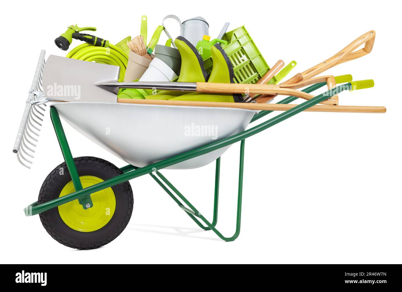 Brouette pleine d'outils d'équipement de jardinage, isolée sur fond blanc avec chemin de coupure. Travaux de potager et soin des plantes de fleurs. Ressort t Banque D'Images