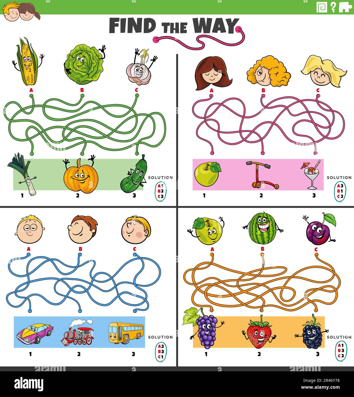 Dessin animé illustration de trouver la façon labyrinthe jeux de puzzle ensemble avec des personnages comiques drôles Illustration de Vecteur