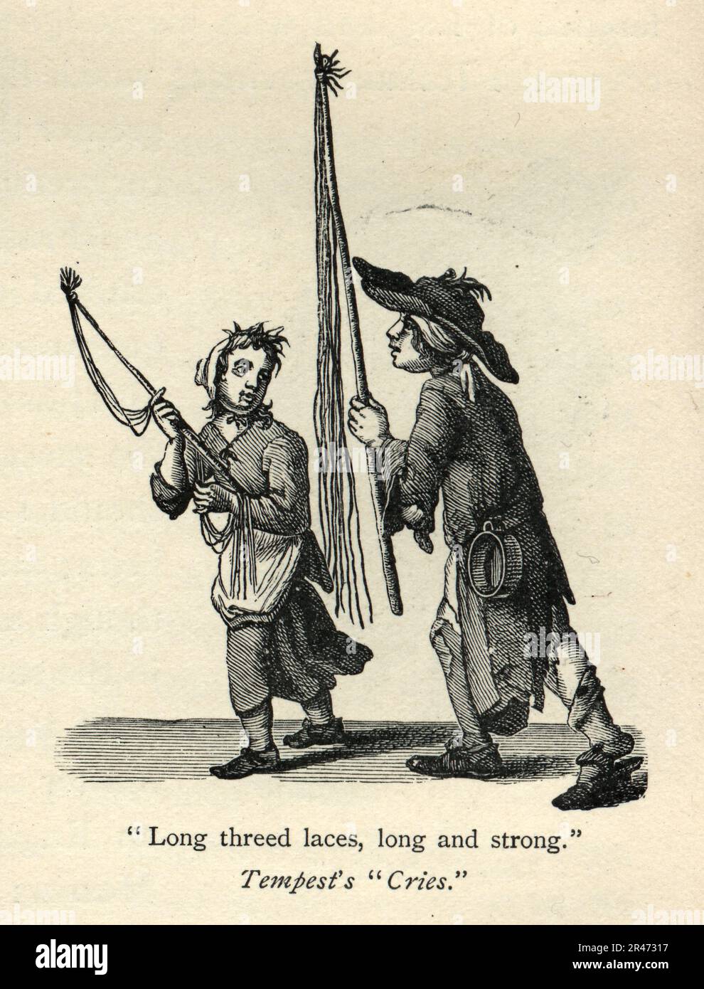 Les cris de Tempest de Londres, garçon et fille vendant des lacets, long et fort, 18th siècle histoire britannique, Vintage Illustration Banque D'Images
