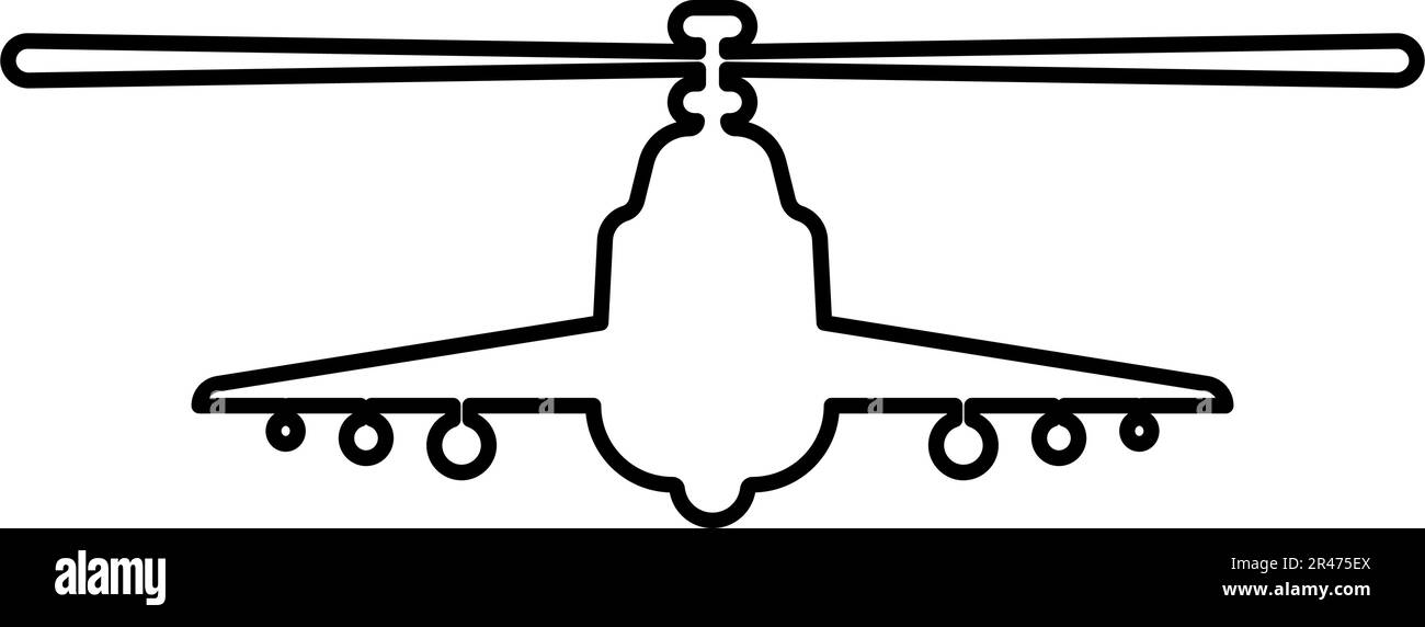 Combat hélicoptère attaque militaire concept vue avant contour ligne icône noir couleur vecteur illustration image mince plat style simple Illustration de Vecteur