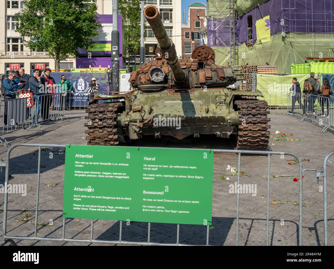 Amsterdam, pays-Bas, 26.05.2023 ans, char russe détruit par des soldats ukrainiens exposés sur Leidseplein à Amsterdam Banque D'Images