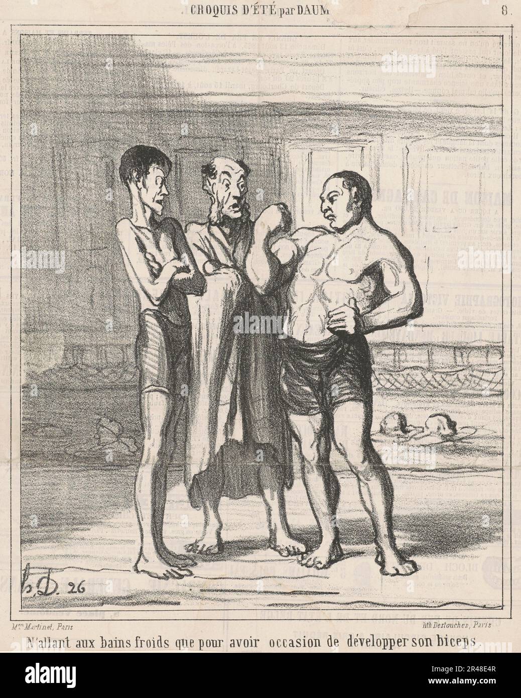 N'alluvant aux bains froides que ..., 19th Century.Summer Sketch - aller aux bains froids, seulement pour avoir une occasion de montrer ses biceps. Banque D'Images