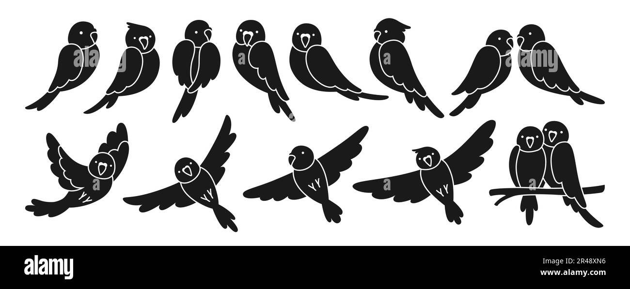 Ensemble de symboles tropicaux Parrot. Collection d'oiseaux volant et assise exotiques sauvages d'été. Faune jungle hawaïenne perroquets mignons, personnages de parakeet drôles dessin main signe illustration vectorielle isolée Illustration de Vecteur