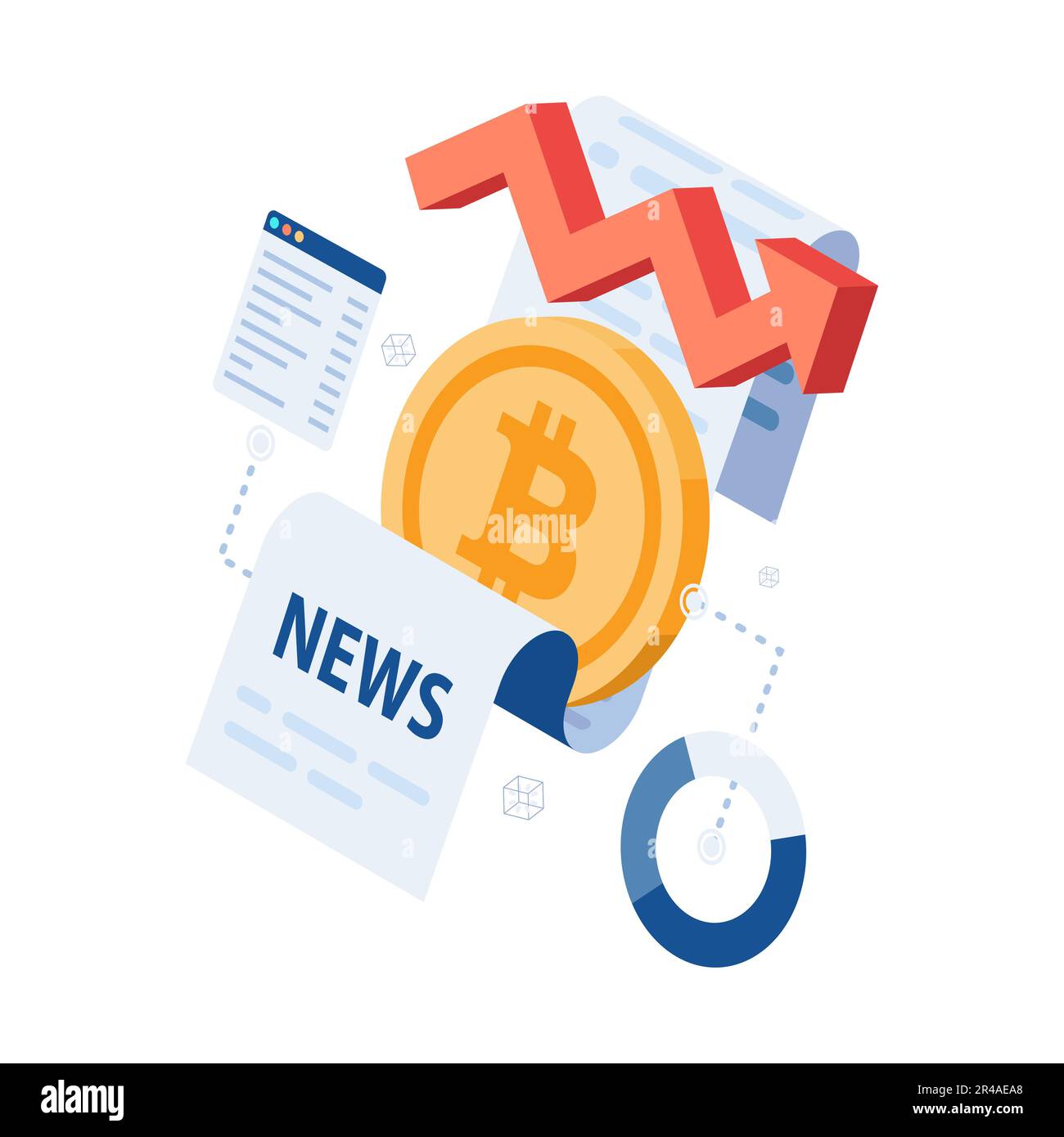 Flat 3D Bitcoin isométrique avec journal et données. Concept d'analyse des données Bitcoin News et crypto-monnaie. Illustration de Vecteur