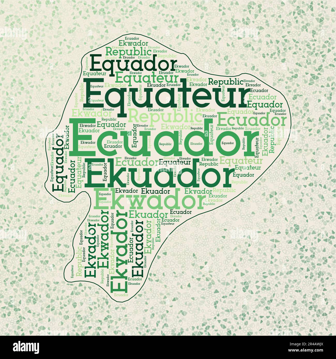 Équateur forme avec noms de pays nuage de mots en plusieurs langues. Carte frontière de l'Équateur sur des triangles à la mode dispersés autour. Illustration de Vecteur