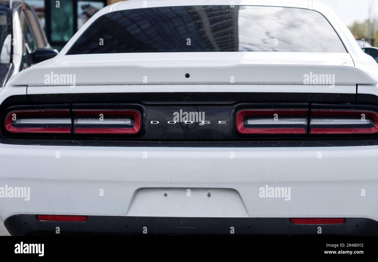 Minsk, Bélarus, mai 2023 - vue arrière de blanc Dodge Challenger. voiture de sport Banque D'Images