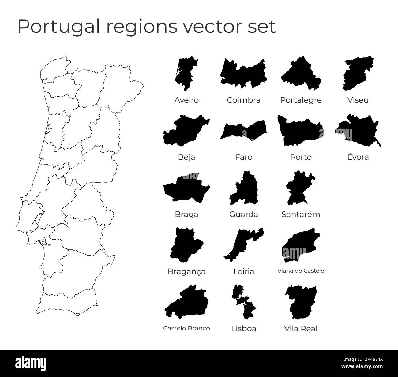 Carte du Portugal avec les formes des régions. Carte vectorielle vierge du pays avec les régions. Frontières du pays pour votre infographie. Illustration vectorielle. Illustration de Vecteur