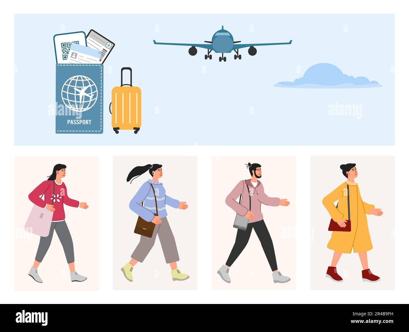 Touristes vacances d'été Homme Femme aventure Tourisme avion bagages billet d'avion Passeport transport concept. Illustration du vecteur de voyage du week-end Illustration de Vecteur