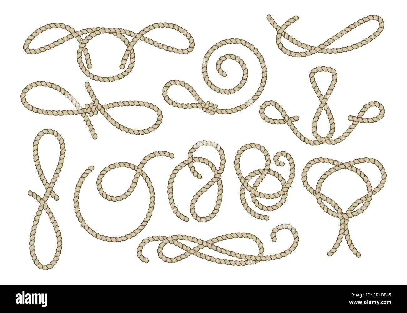 Ensemble de cordes marines isolées éléments décoratifs. Boucles. cadres, tourbillons, nœuds, etc. Illustration vectorielle Illustration de Vecteur
