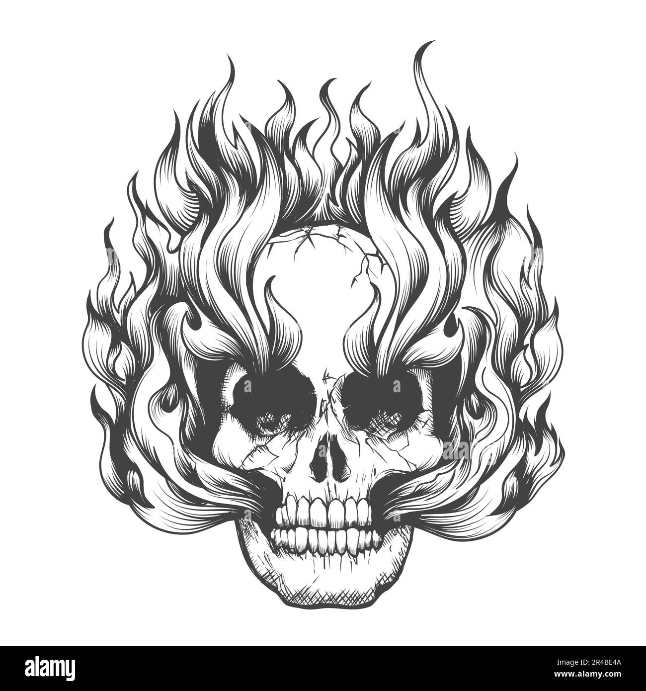 Tatouage monochrome du crâne humain brûlant dans les bouts de flamme isolé sur blanc. Illustration vectorielle. Illustration de Vecteur