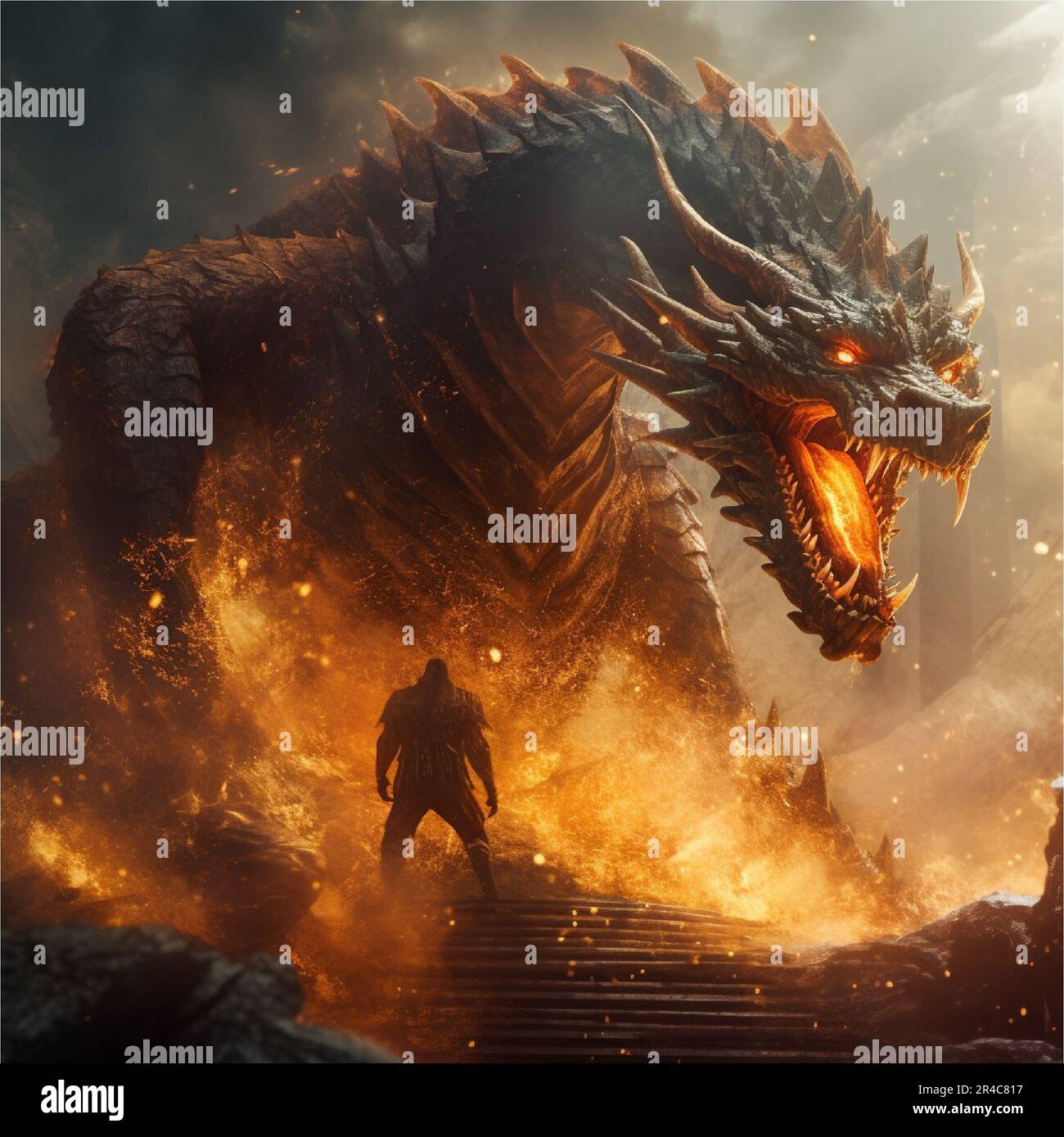 Un hobbyiste est émerveillé, admirant un dragon mythique géant dans son environnement naturel Banque D'Images