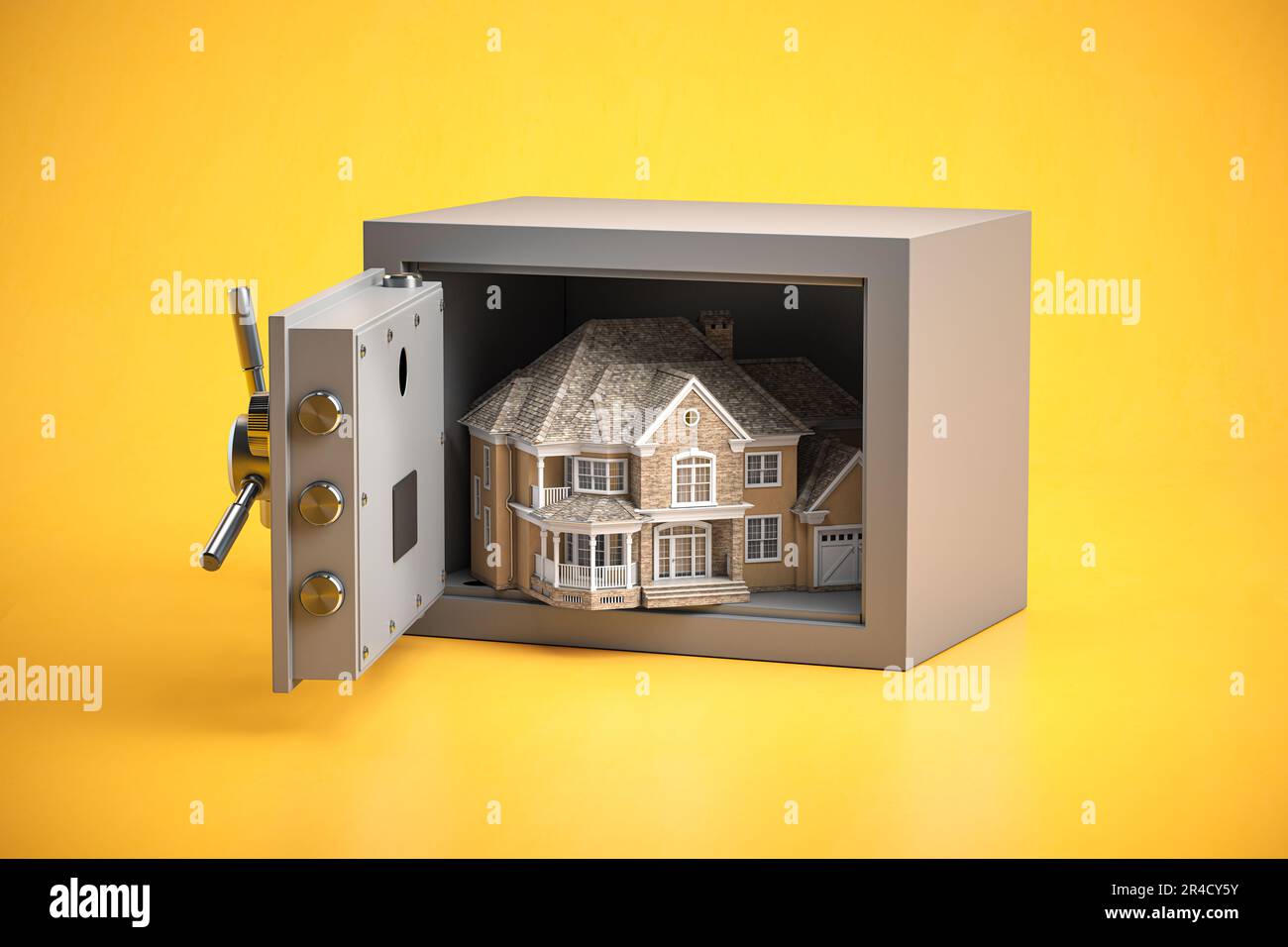 Maison dans coffre-fort ouvert. Sécurité à la maison ou investissement et économies cconcept. 3d illustration Banque D'Images