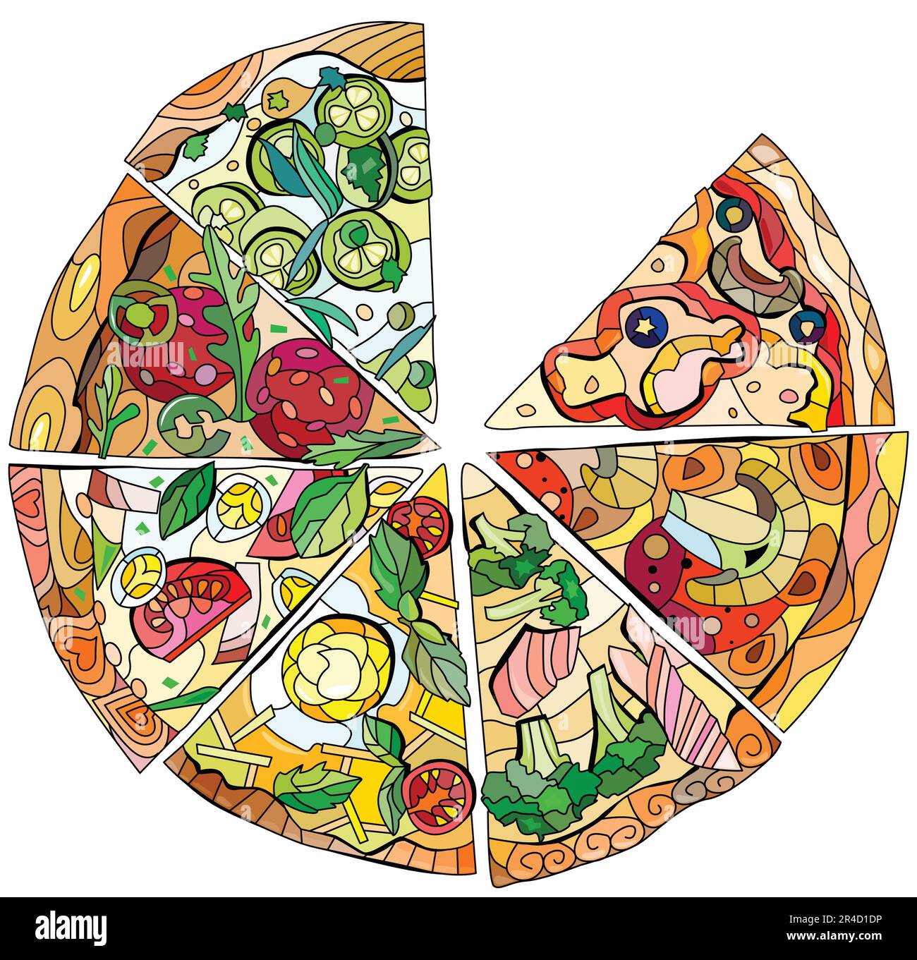 Tranches de pizza de style décoratif sur fond blanc. Illustration ...
