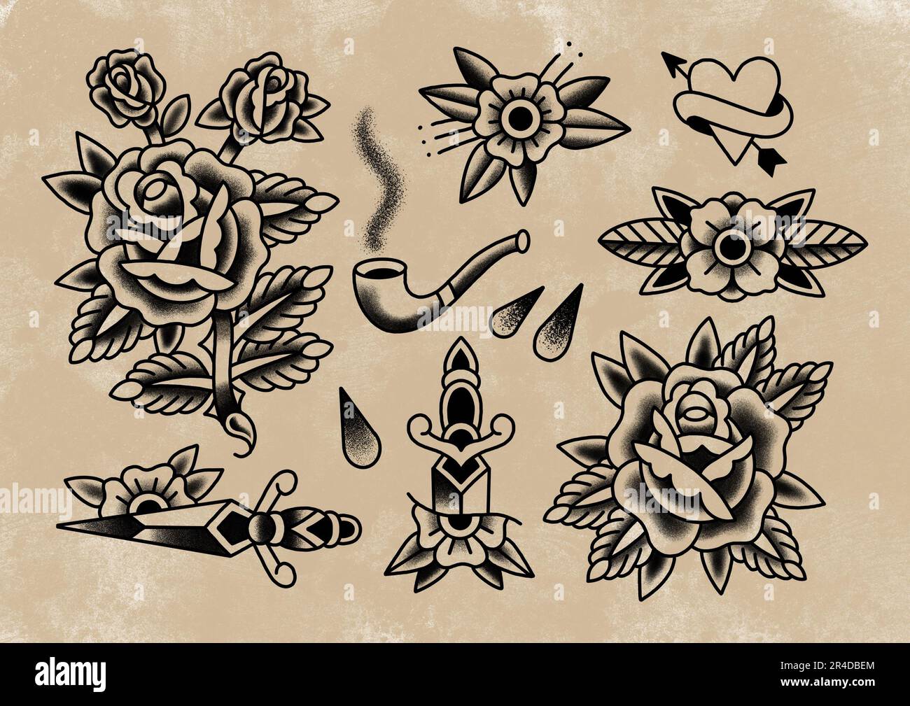 Old School traditionnel tatouage flash feuilles dessins noir et