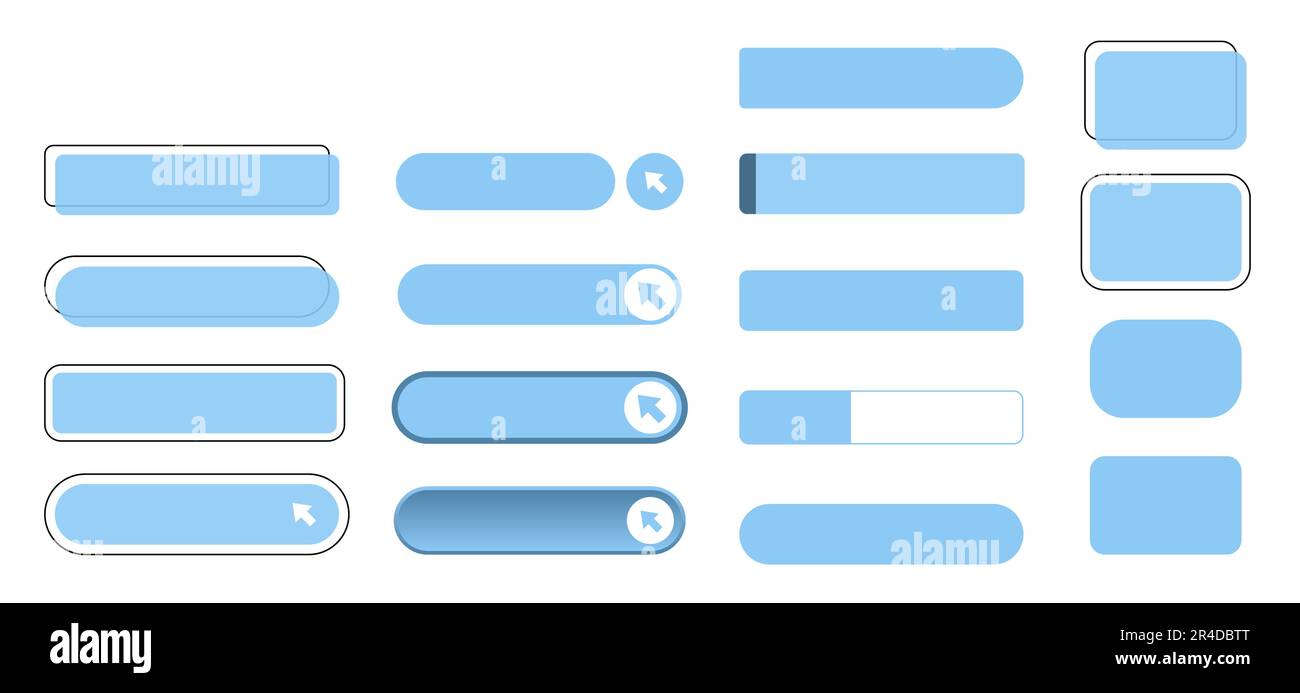 Le clic ici est un ensemble de boutons simples et modernes. Bouton-poussoir pour une application, une publicité, un magasin ou un site Web. Différentes icônes pour votre produit Illustration de Vecteur