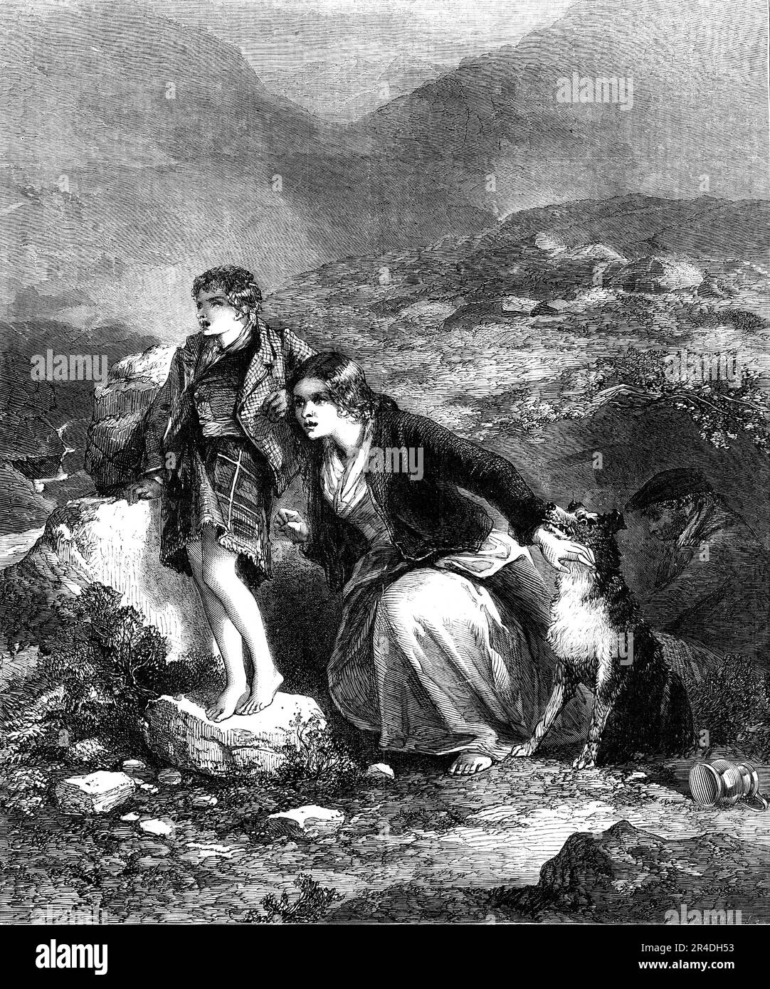 "Regarder dehors" - peint par F. W. Topham - de l'exposition de la Société des peintres en couleurs d'eau, 1856. Gravure après une peinture '...from le crayon de ce favori avec le public, M. F. W. Topham... l'action du chien est admirable, et tout l'incident est dit le plus sans erreur". Notez l'homme dans la grotte en utilisant alembic pour distiller le whisky écossais comme femme et garçon de garde. De "Illustrated London News", 1856. Banque D'Images