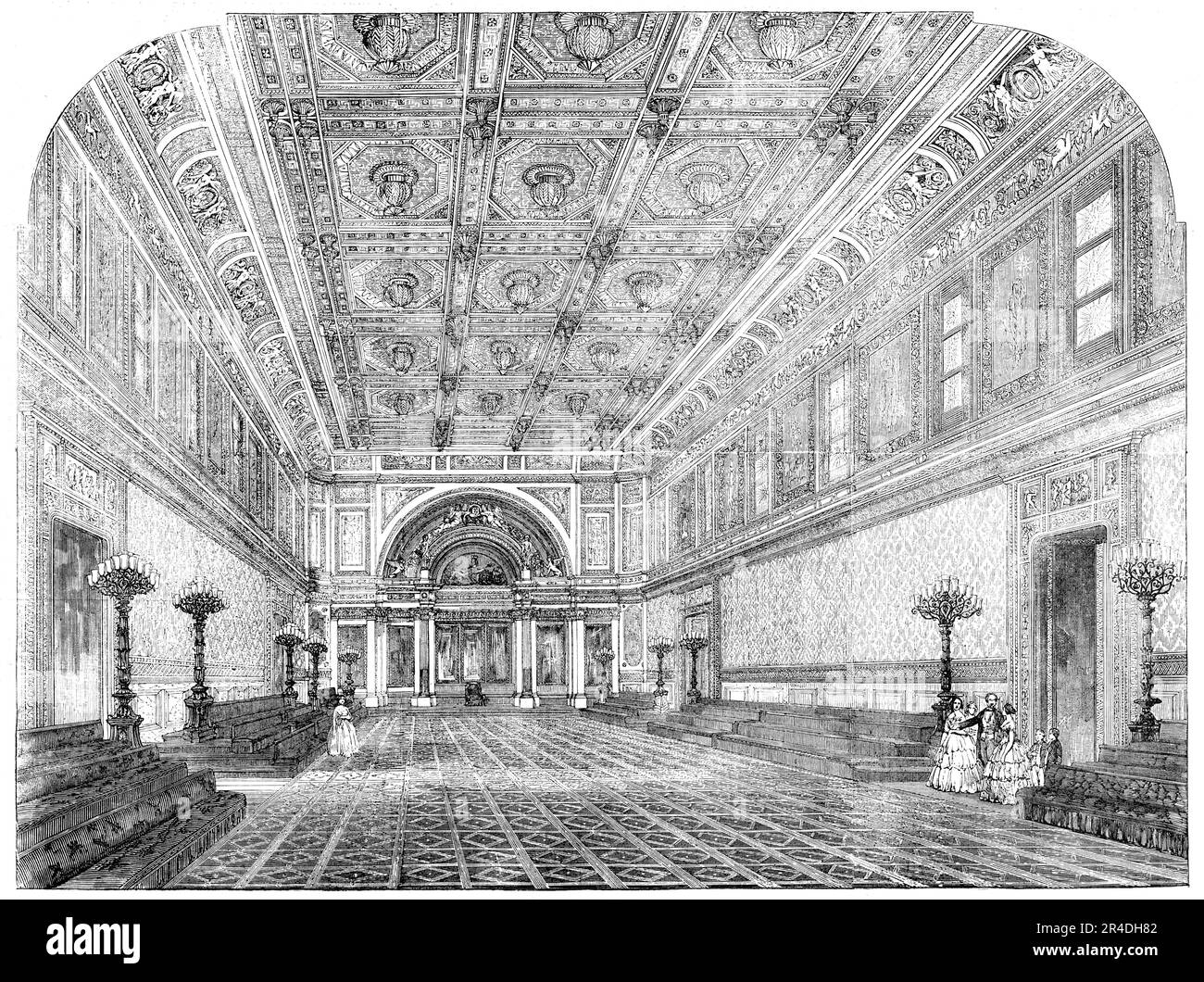 Salle de bal New State à Buckingham Palace, 1856. Résidence londonienne du souverain britannique. 'Notre représentation de ce magnifique appartement montre le trône ou le côté du dais, et l'effet quand éclairé pour la danse...[il ya] des peintures des heures du jour, copié après Raphaël par le professeur N. Canzoni... sur le mur sud sont deux grands-verres, entourés d'un large moulage, Enrichie d'or et de couleur, la partie supérieure portant un frieze...decorated par une sculpture très agréable de Theed... au-dessus [le dais] élève l'arche audacieuse... soutenant sa figure de la renommée, portant un meda Banque D'Images