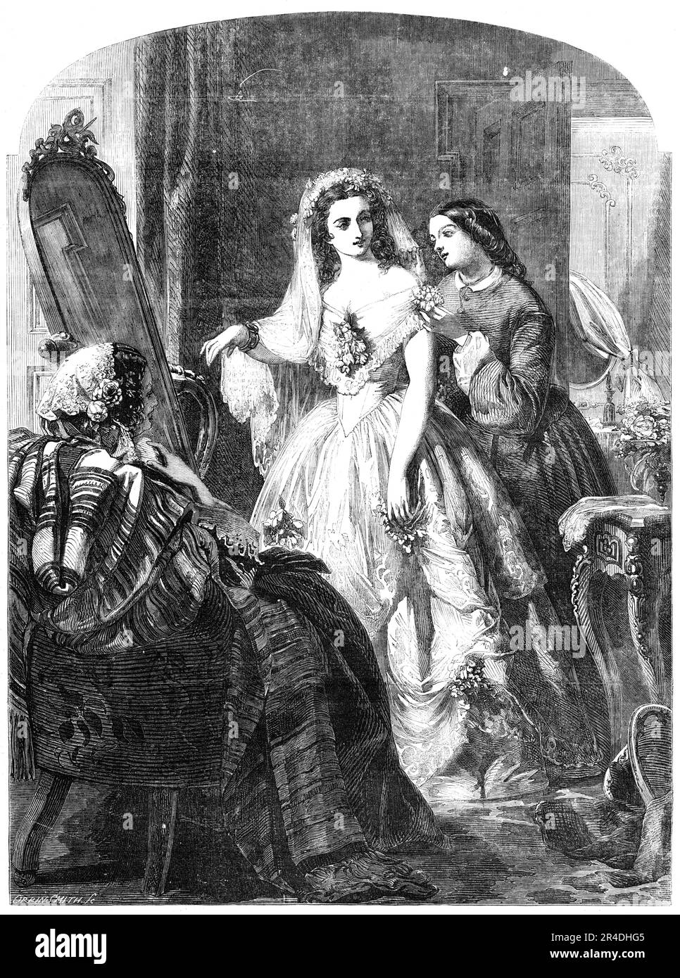 "La mariée" - peint par A. Solomon - de l'exposition de l'Académie Royale, 1856. Gravure d'une peinture, '...designed pour les dames, et s'appelle "la mariée", l'une des images bien composées et bien peintes de M. Solomon. La mariée dans l'image est très belle, et le contraste entre les expressions sur le visage de la mère et la femme de ménage de la dame est très touchante et très approprié à l'occasion. La robe de la mariée, nous pouvons assurer les dames, ferait plaisir au journaliste le plus exigeant du "Morning Post". De "Illustrated London News", 185 Banque D'Images