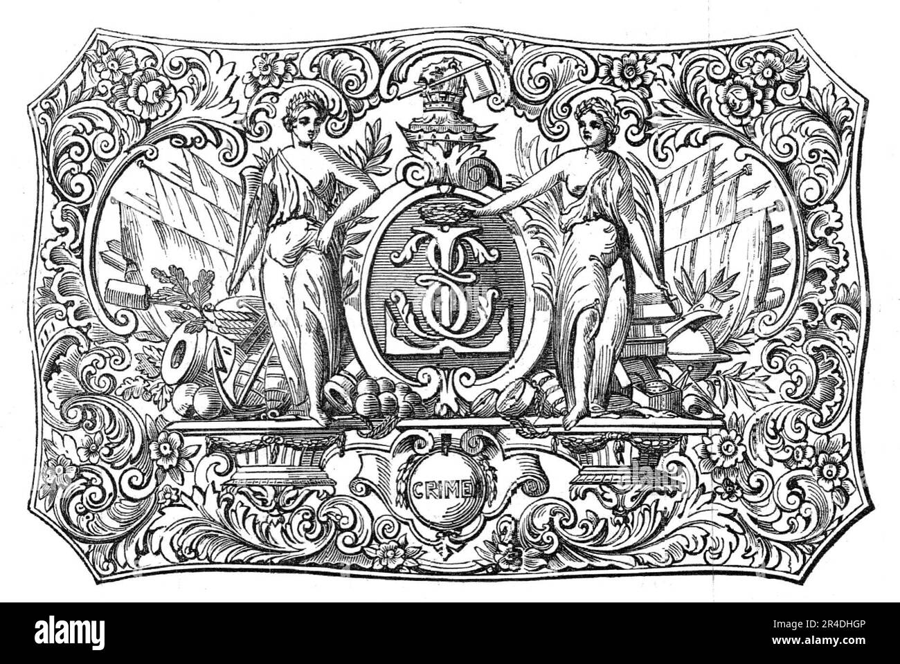 Boîte d'or présentée avec la liberté de la ville de Londres à l'amiral Sir Edmund Lyons, 1856. 'Au centre du sujet gravé ou du dessin sur le couvercle se trouve un monogramme formé des lettres "E. L."; la deuxième lettre, inversée, représentant un ancrage, soutenu par la victoire et la renommée, et entouré d'un trophée naval. Les armes de la ville sont gravées à l'avant; et sur les côtés, les coins et le dos, des emblèmes nautiques sont introduits. Au bas de la boîte se trouvent les bras complets, la crête, les supporters et la devise de l'amiral; avec la médaille de Crimée et les différents ordres joints. La conception, qui Banque D'Images
