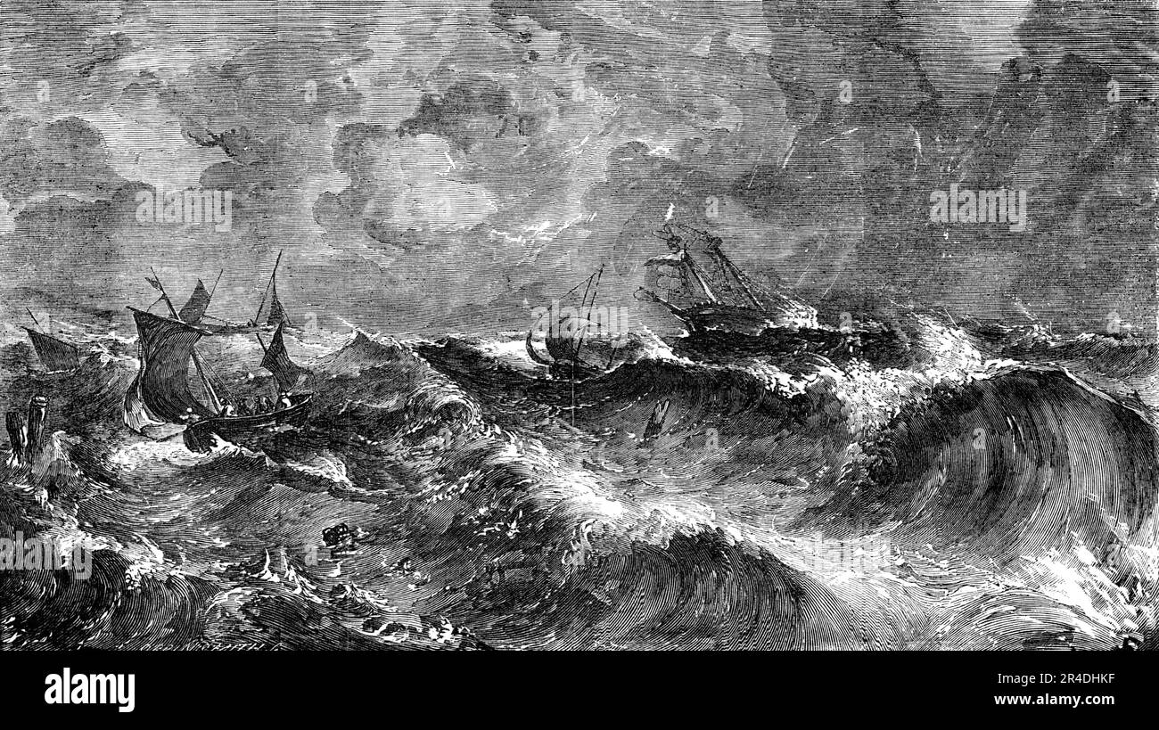 "Le paysage marin" - peint par A. Clint - de l'exposition de l'institution nationale, 1856. Gravure d'un tableau, '...intitulé par son artiste "Storm - bateaux de pêche courant dans le port". M. Clint a établi son chevalet au cours de la dernière année dans le nord du Devon, dans le nord du pays de Galles, et dans le sud de l'Irlande... le prix de "The Storm" est £80'. De "Illustrated London News", 1856. Banque D'Images
