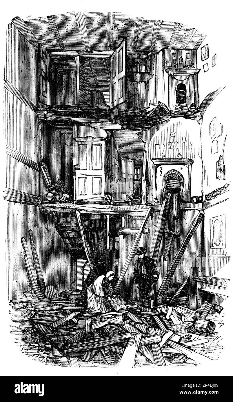 Scène de l'accident récent à Cork, 1856. La catastrophe en Irlande, «... à la ruelle de Penrose... une quarantaine de personnes... s'étaient assemblées... au lendemain d'un bébé... le sol a cédé... [les invités] ont été précipités par un énorme et effronté à la base de la maison, où ils étaient rassemblés dans une masse indescriptible de morts et de morts... ici et là, une tête humaine, Un bras, ou une jambe qui dépasse... des dix-neuf qui ont rencontré leur mort, très peu de leurs corps ont montré des signes de violence externe, qui sont venus par la fin de la suffocation; les yeux, les narines, les bouches, et les oreilles du Banque D'Images
