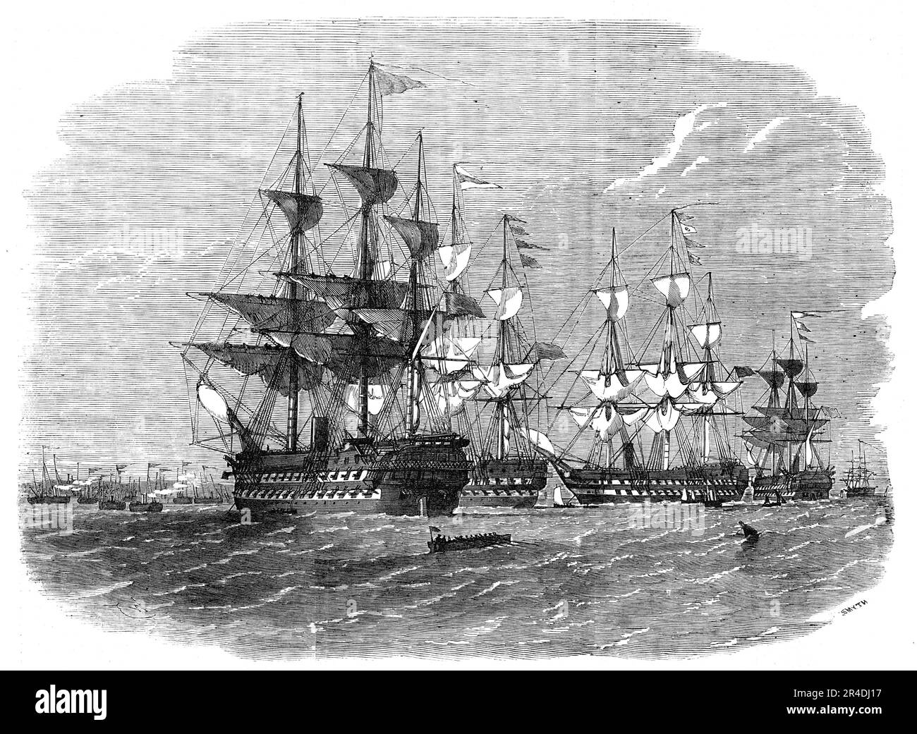 The approchons Naval Review - H.M. Divisionnaires de navires de la flottille de barque, à Moorings au large de Ryde, 1856. «Division bleue, «Brunswick», Capitaine Yelverton. White Division, « Colossus », capitaine Keppel. Division rouge, « Alger », capitaine Codrington. Light Division, « Sanspareil », Captain Key... la flottille de bateaux à canon à laquelle appartiennent les navires de notre illustration est composée de quatre divisions - chaque division numérotant environ cinquante bateaux... les trois premières divisions ont leurs entonnoirs, têtes d'armes et amp;c., peints les couleurs de la division à laquelle ils appartiennent, et Banque D'Images