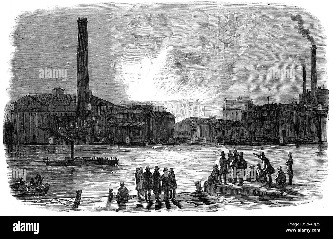 Le feu à la gare de Vauxhall, vue de Millbank, 1856. « Au moment où les bouchons des conduites principales des compagnies Lambeth, Vauxhall et Southwark ont été tirés, un approvisionnement en eau suffisant a été obtenu pour mettre en service les moteurs des candeworks de Price, et de la distillerie de MM. Burnett et Hodges, ainsi que le bureau de l'Ouest de l'Angleterre, Et beaucoup de la Brigade de Londres. La station, cependant, debout sur le dessus de la ligne, et étant construit de bois, et le vent soufflant rigidement au large de la Tamise, la conflagration continua de s'étendre, et en longueur attaqua les maisons sur le côté sud o Banque D'Images
