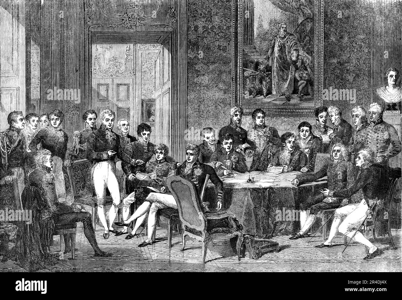 Le Congrès de Vienne: Séance des plénipotentiaires des huit pouvoirs qui ont signé le Traité de Paris en 1815 - du grand tableau d'Isabey, 1856. "Cette scène mémorable dans l'histoire diplomatique de l'Europe - à laquelle ont été pris des arrangements qui ont formé le dernier règlement général des affaires de l'Europe - tire un intérêt supplémentaire à l'heure actuelle de sa mise en parallèle avec le Traité de paix qui vient d'être signé à Paris. Le Congrès s'est tenu à Vienne en 1815, au Foreign Office, dans le même appartement que celui de la Conférence de l'an dernier, en 1855. L'ancien C Banque D'Images