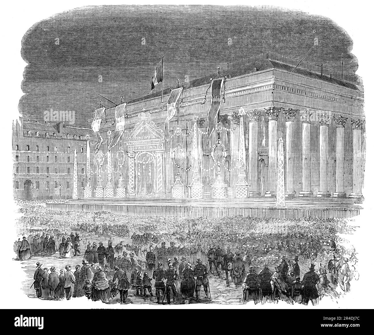Illumination de la Bourse, à Paris, en l'honneur de la naissance du Prince Impérial, 1856. 'Les illuminations de dimanche soir ont été les plus générales qui ont été vues à Paris depuis des années. Non seulement tous les bureaux publics, théâtres, ministères et autres, étaient-ils brillamment éclairés, mais presque partout, les maisons privées ont accroché de nombreuses lanternes colorées. Ceux de la Bourse ont ostensiblement fait des allers-retours, et ont été plus remarqués parce que la Bourse n’avait jamais éclairé à aucune des nombreuses occasions récentes de réjouissances publiques. La décoration... consistait en une arche triomphale, surmontée d'une couronne impériale. Banque D'Images