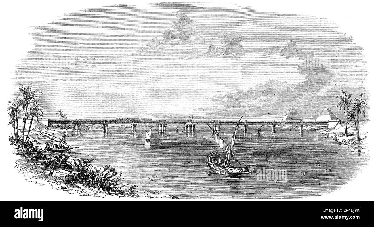 Pont ferroviaire en fer forgé traversant le Nil, à Benha, 1856. « L'ingénieur de ce travail est M. Robert Stephenson... le pont est la propriété de la Pacha d'Égypte, et a été construit pour l'utilisation de la compagnie de chemin de fer égyptienne. Il est maintenant ouvert à la circulation; les trains transportent maintenant les passagers de l'Overland vers l'Inde d'Alexandrie au Caire, au lieu d'ânes, de chameaux, et le bateau du Nil comme auparavant. Le pont, avec toutes ses pières ou caissons, est entièrement en fer, et est composé d'un tube en fer forgé, en trois longueurs distinctes, celui à l'ouverture centrale pour le passage des navires. Banque D'Images