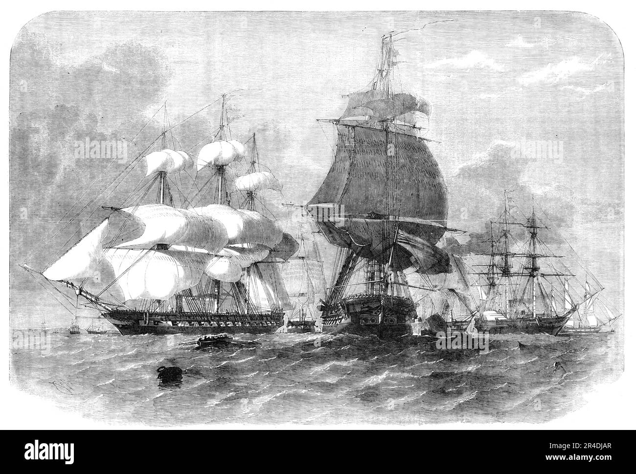 Le Baltic Flying Squadron de 1856: Falcon, Harrier, Samson, Imperieuse, arrogant, Euryalus, Amphion, chauffeur, Pylades, 1856. Guerre de Crimée : navires de guerre de la Marine royale. 'La campagne de cette année dans la mer Baltique a déjà commencé, la glace ayant quitté beaucoup plus tôt qu'auparavant; Et les navires de l'escadron avancé ou de vol ont de nouveau pénétré dans les mers les ports dont ils ont si bien réussi à blocked l'année dernière... la destination actuelle de l'escadron de vol est Kiel, d'où les navires recevront des ordres pour leurs futurs mouvements - l'armistice pas interférons Banque D'Images