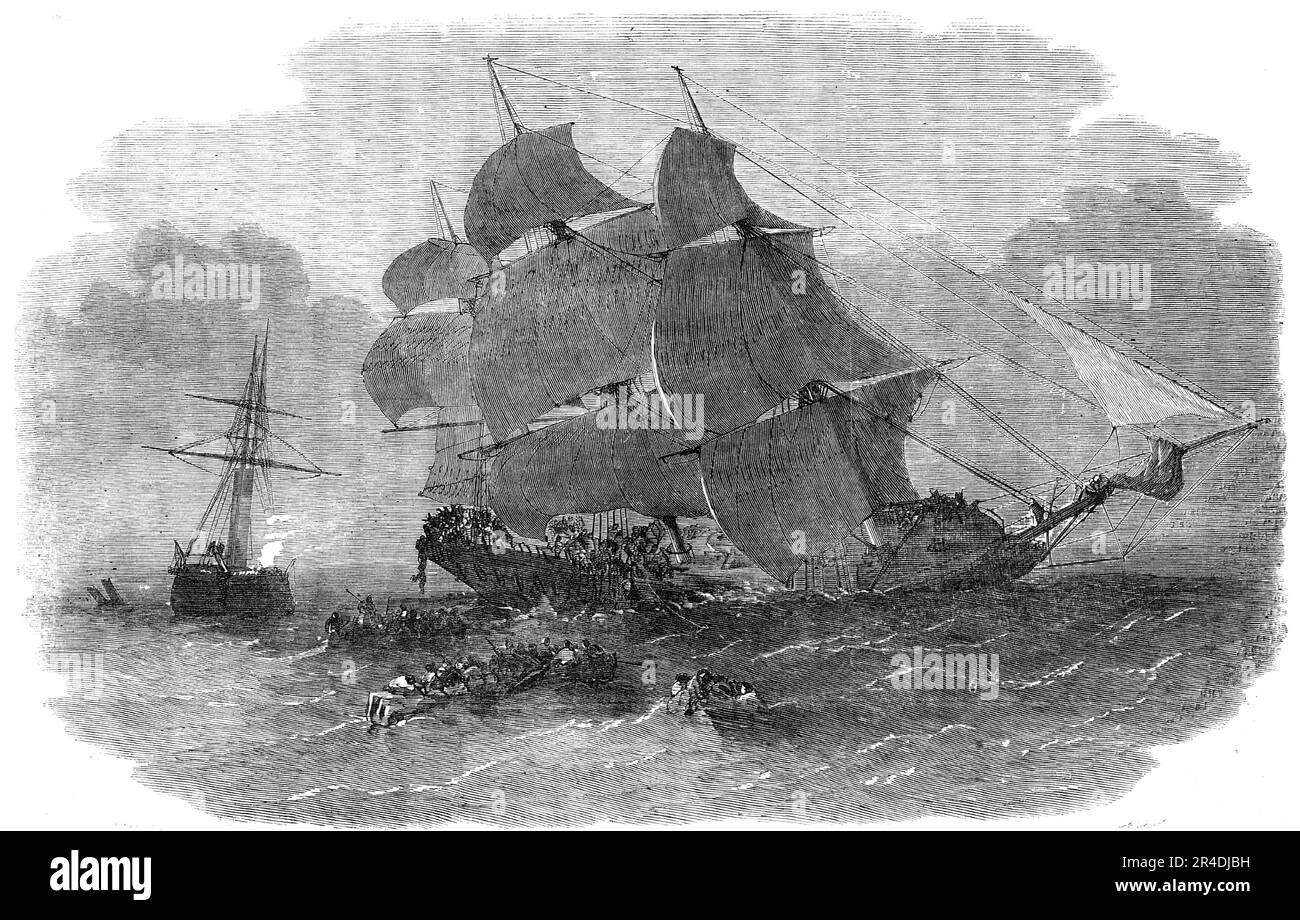 Collision dans la Manche, entre le Steamer "Mangerton" et "le Josephine Willis", 1856. « Le compagnon [de la Josephine Willis]... cria au cuiseur vapeur, mais aucun avis n'a été pris, le cuiseur vapeur poursuivant son cours, et en moins de cinq minutes, la collision a eu lieu... à l'audition de l'accident terrible, le capitaine Clenny s'est précipité sur le pont [et]...seeing que le navire était en panne, A dit [aux passagers] de jeter les hengcoops à la mer et des tenir... le dernier qui a été vu de lui, c'était après que le navire soit tombé sur ses extrémités de faisceau, avec ses plus hauts verges dans le Th Banque D'Images