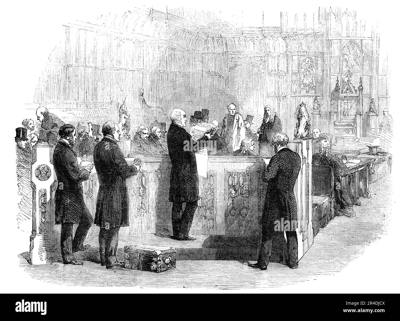 Peerages de la vie - le gardien adjoint des documents lisant le brevet de Peerage au Barreau de la Chambre des Lords, 1856. «Le brevet du comte de Huntingdon était presque illisible à partir de l'âge et de la décoloration, et le témoin a lu le contenu du rouleau de parchemin du volume imprimé des documents. La création de ce pair était pour la vie. Le brevet du comte d'Oxford était aussi une création pour la vie seulement...[M. H. G. Sharpe] a été interrompu par Lord Ellenborough, qui lui a demandé de lire clairement et lentement, car la Chambre ne pouvait pas suivre l'ancienne loi latine lorsqu'elle a lu rapidement. Earl Grey l'a dit Banque D'Images
